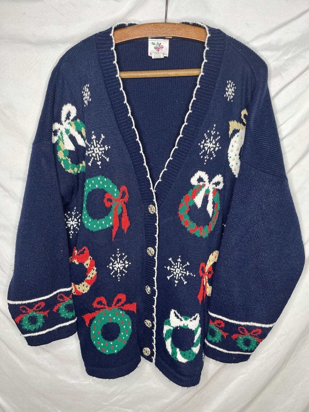 NutCracker Holiday Cardigan Sweater Wreaths Sparkly Accents Size Large 1980s